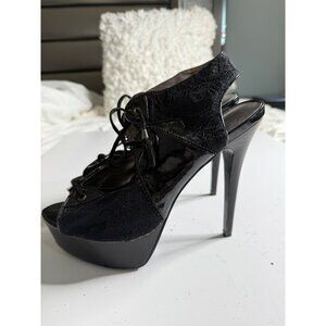 Black Lace & Patent Leather Peep Toe Heels With Platform & Lace-Up Design